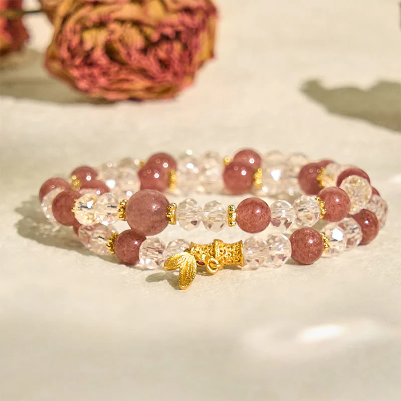 Bracciale Buddha Stones in cristallo di quarzo fragola naturale e bambù a doppio giro positivo - Image 3
