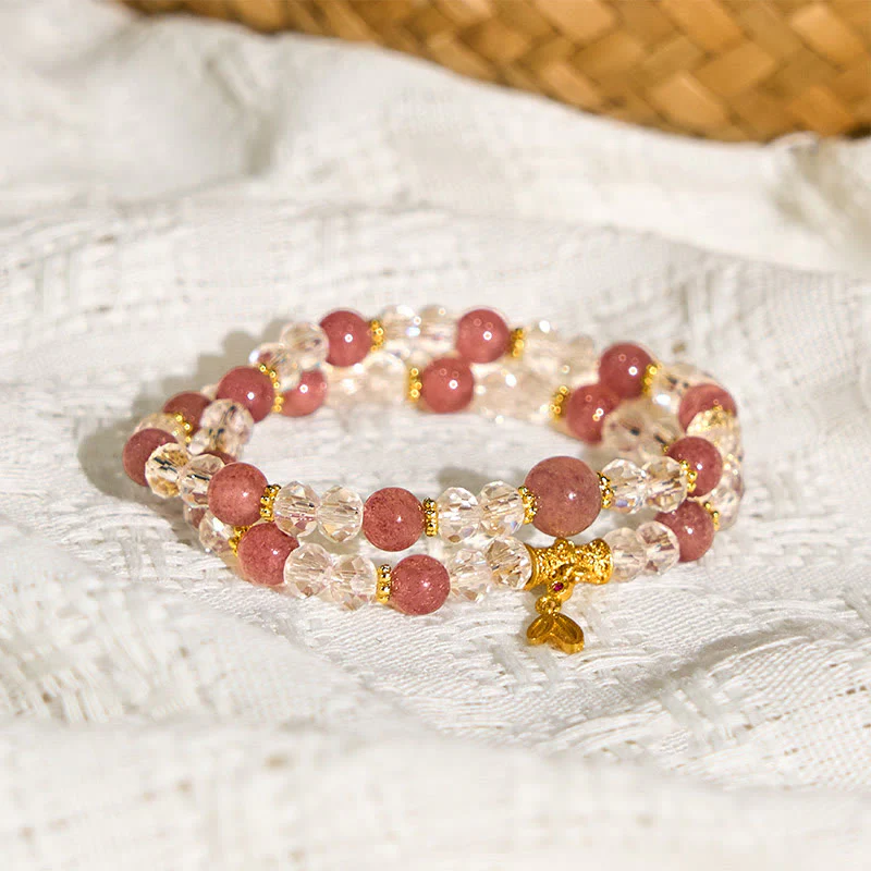 Bracciale Buddha Stones in cristallo di quarzo fragola naturale e bambù a doppio giro positivo - Image 4