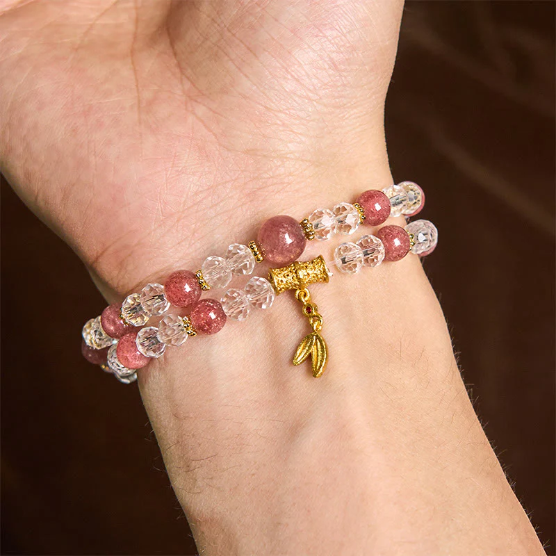 Bracciale Buddha Stones in cristallo di quarzo fragola naturale e bambù a doppio giro positivo - Image 5