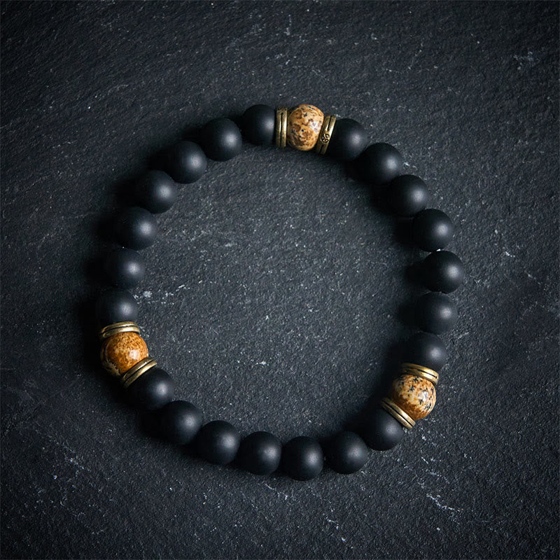 Bracciale Buddha Stones in onice nero satinato naturale con diaspro dipinto