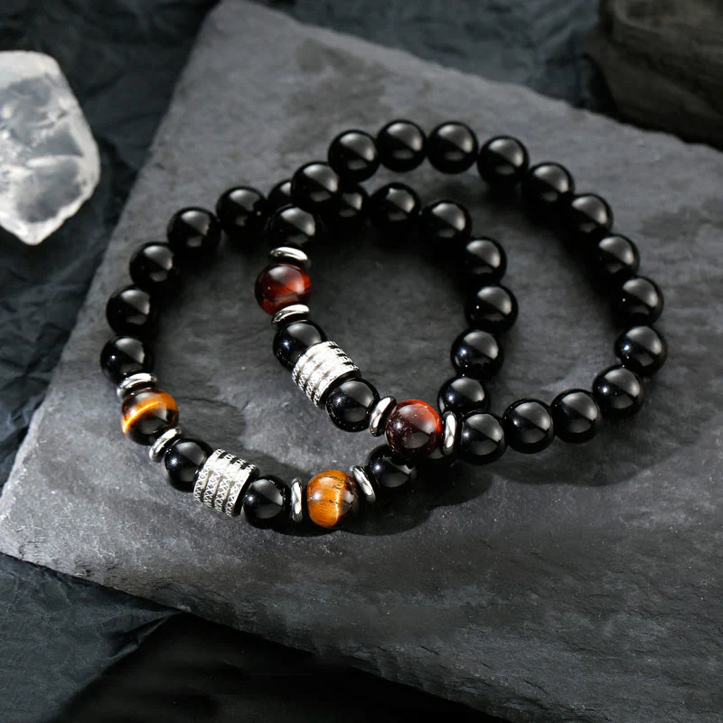 Bracciale Buddha Stones in ossidiana nera naturale con occhio di tigre e forza - Image 2