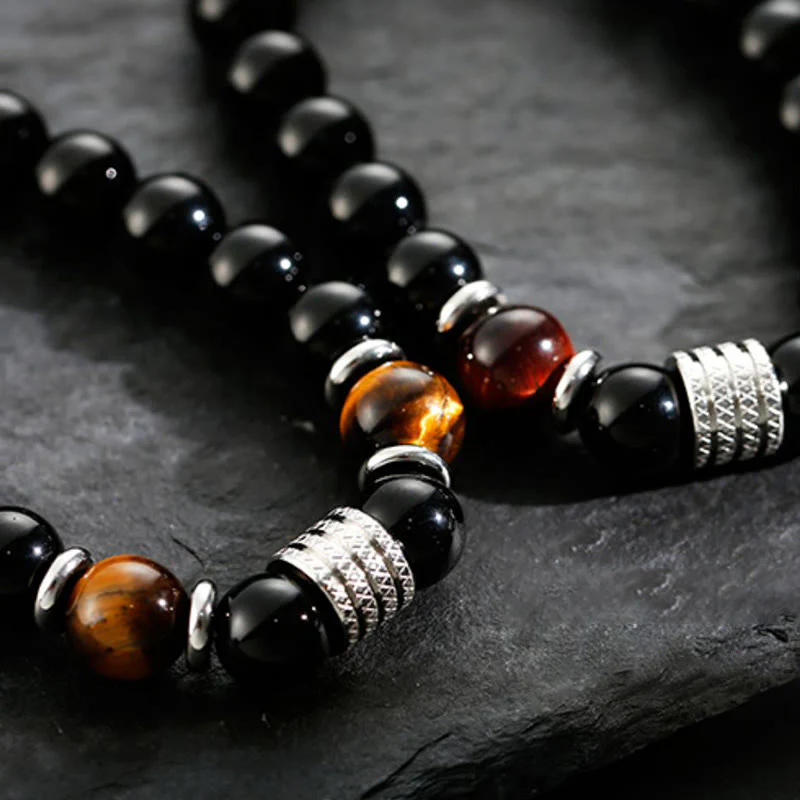 Bracciale Buddha Stones in ossidiana nera naturale con occhio di tigre e forza - Image 3