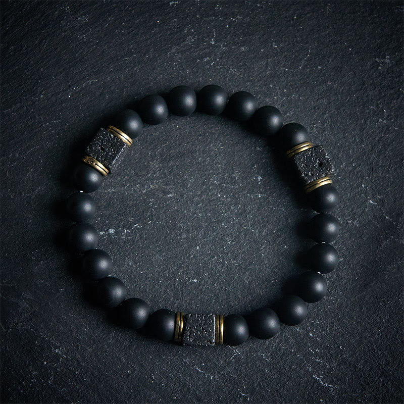Bracciale Buddha Stones in pietra lavica quadrata, onice nero satinato naturale, fortuna