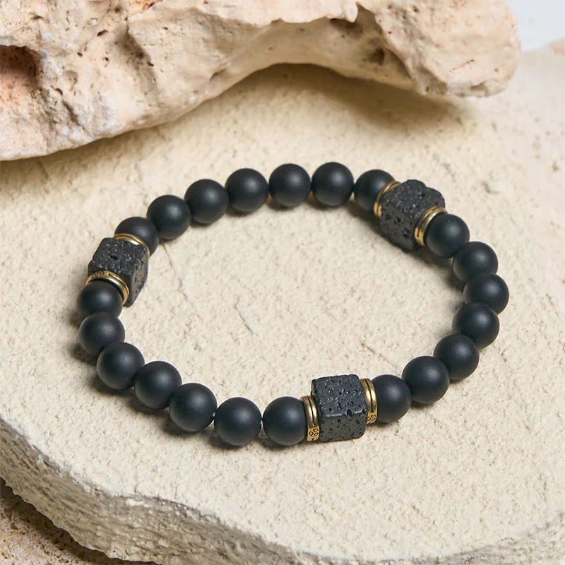 Bracciale Buddha Stones in pietra lavica quadrata, onice nero satinato naturale, fortuna - Image 2