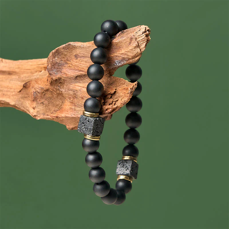 Bracciale Buddha Stones in pietra lavica quadrata, onice nero satinato naturale, fortuna - Image 4