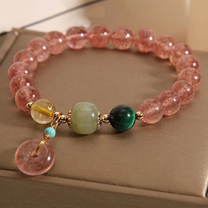Bracciale Buddha Stones in quarzo fragola naturale con fibbia della pace e giada positiva - Image 2