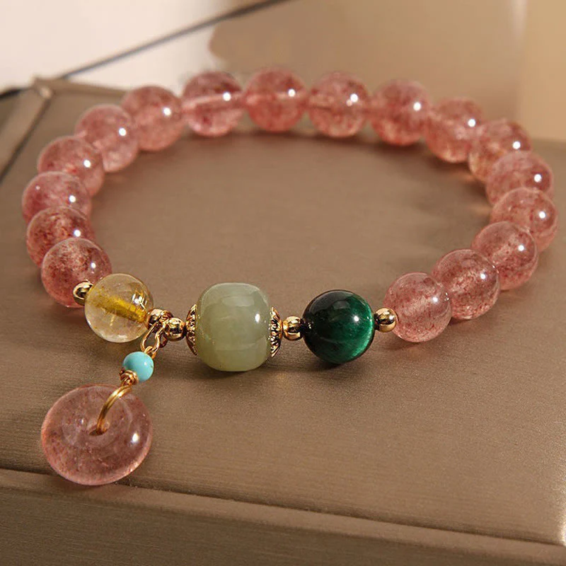 Bracciale Buddha Stones in quarzo fragola naturale con fibbia della pace e giada positiva - Image 3