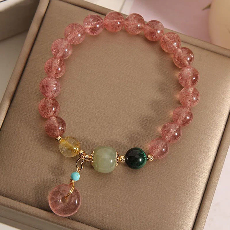 Bracciale Buddha Stones in quarzo fragola naturale con fibbia della pace e giada positiva - Image 4