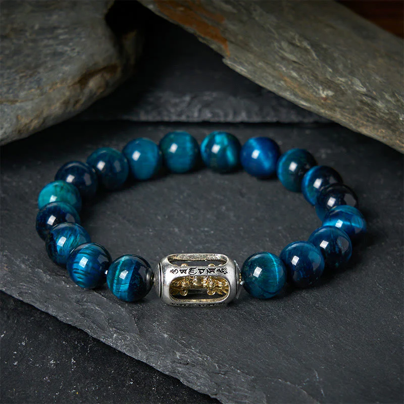 Bracciale Buddha Stones Natural Blue Tiger Eye Om Mani Padme Hum Strength
