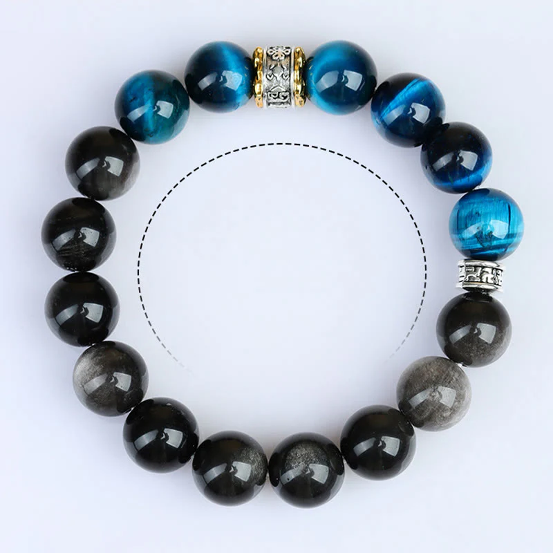 Bracciale Buddha Stones Occhio di Tigre Blu Argento Ossidiana Forza - Image 10
