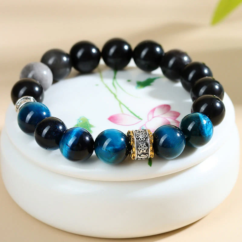 Bracciale Buddha Stones Occhio di Tigre Blu Argento Ossidiana Forza - Image 3