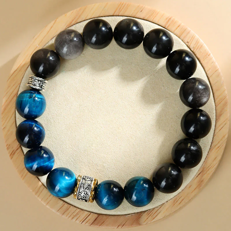Bracciale Buddha Stones Occhio di Tigre Blu Argento Ossidiana Forza - Image 4