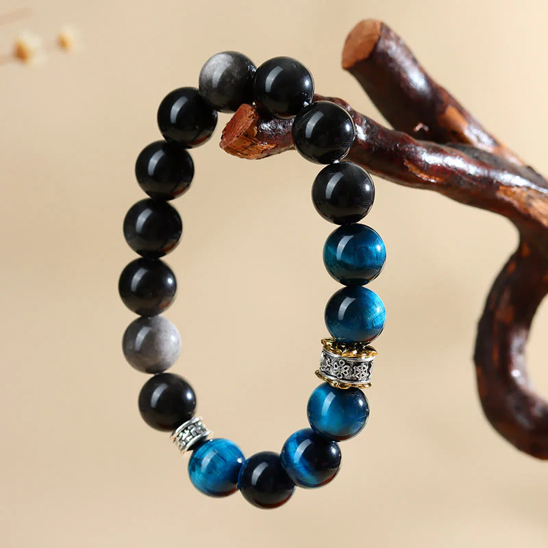 Bracciale Buddha Stones Occhio di Tigre Blu Argento Ossidiana Forza - Image 5