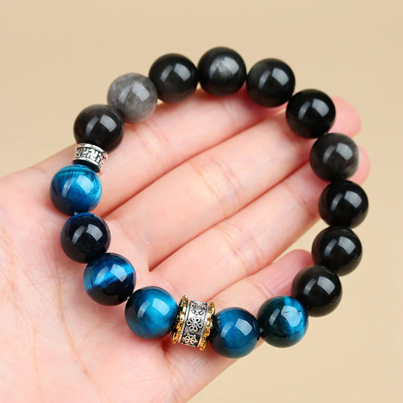Bracciale Buddha Stones Occhio di Tigre Blu Argento Ossidiana Forza - Image 8