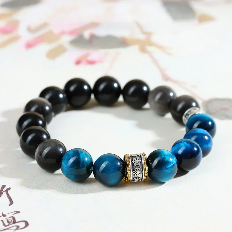 Bracciale Buddha Stones Occhio di Tigre Blu Argento Ossidiana Forza - Image 9