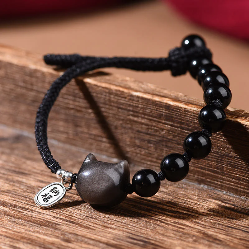 Bracciale Buddha Stones Ossidiana nera Argento lucido Ossidiana Gatto carino Leone danzante Forza - Image 2