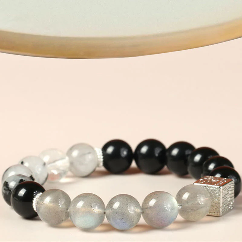 Bracciale Buddha Stones Ossidiana nera Quarzo rutilato nero Pietra di luna Cubo Forza - Image 3