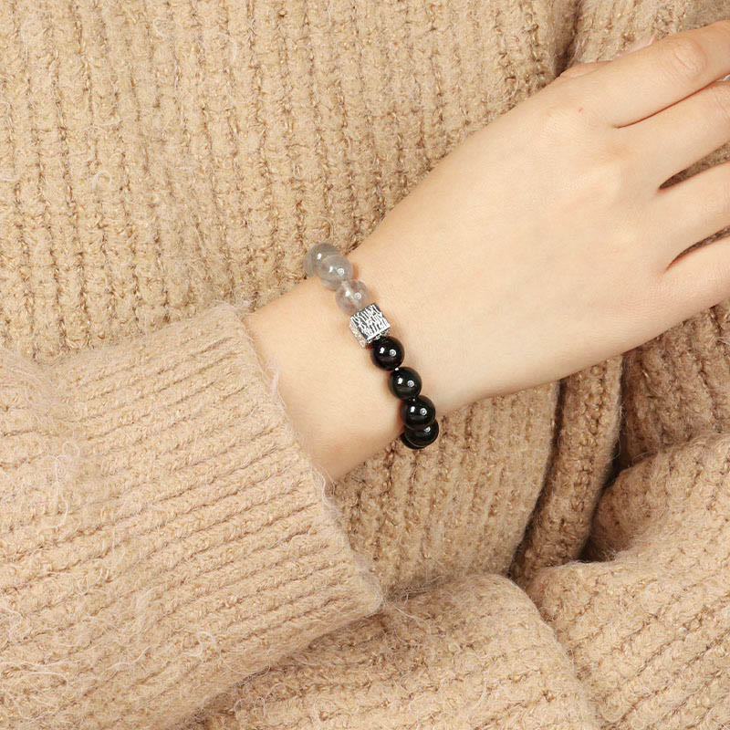 Bracciale Buddha Stones Ossidiana nera Quarzo rutilato nero Pietra di luna Cubo Forza - Image 5