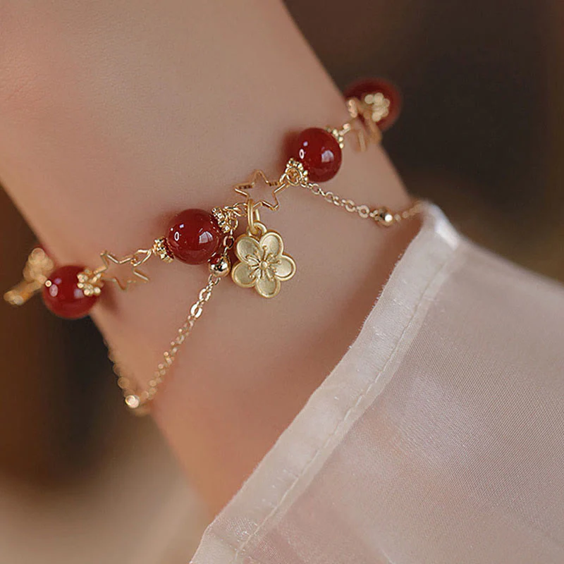 Bracciale Buddha Stones placcato oro 14k con ciondolo a forma di fiore di agata rossa e stella - Image 4