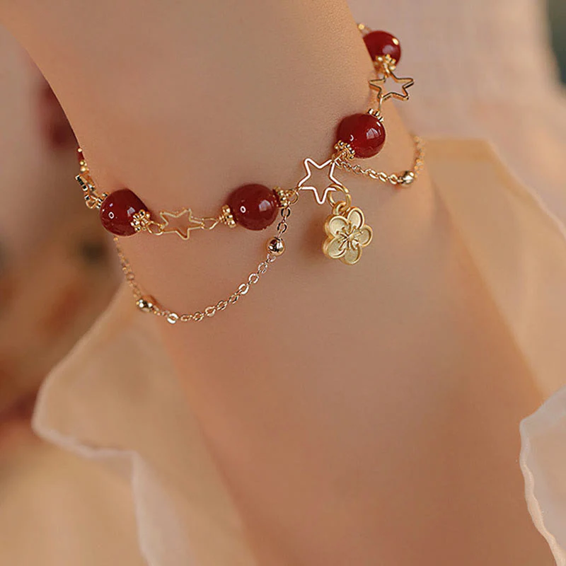 Bracciale Buddha Stones placcato oro 14k con ciondolo a forma di fiore di agata rossa e stella - Image 7