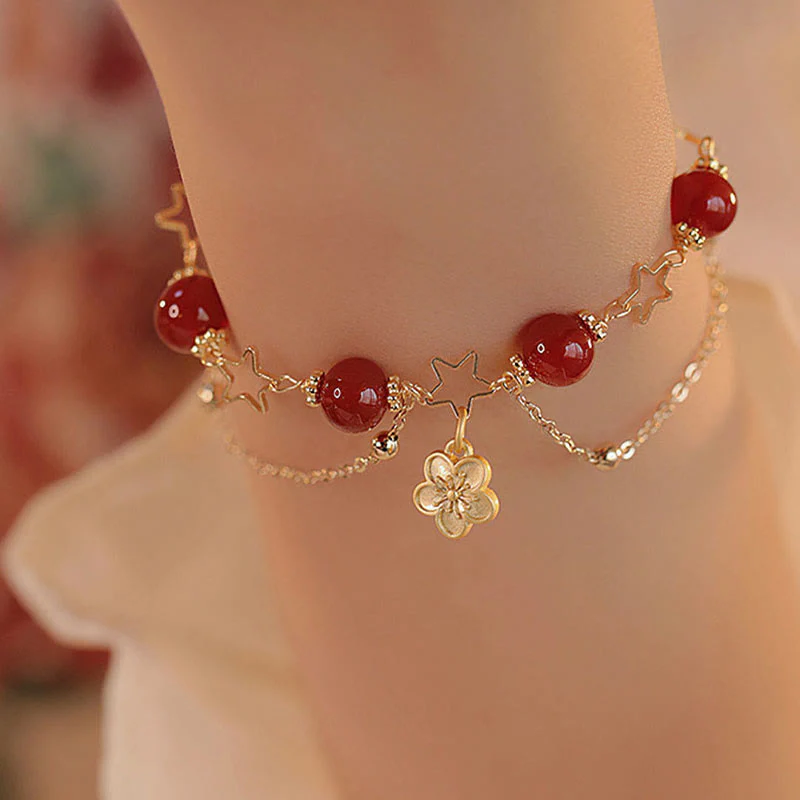 Bracciale Buddha Stones placcato oro 14k con ciondolo a forma di fiore di agata rossa e stella - Image 8