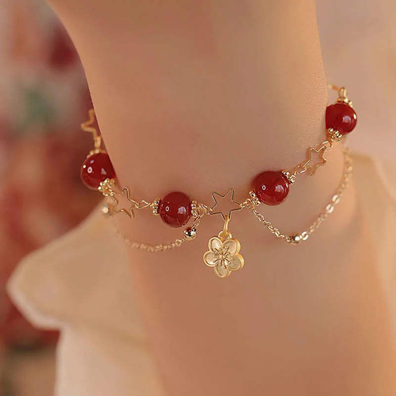 Bracciale Buddha Stones placcato oro 14k con ciondolo a forma di fiore di agata rossa e stella - Image 9