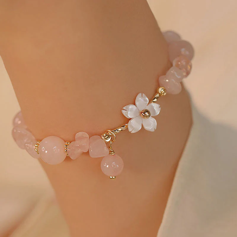 Bracciale Buddha Stones placcato oro 14k con fiore di cristallo rosa naturale - Image 2