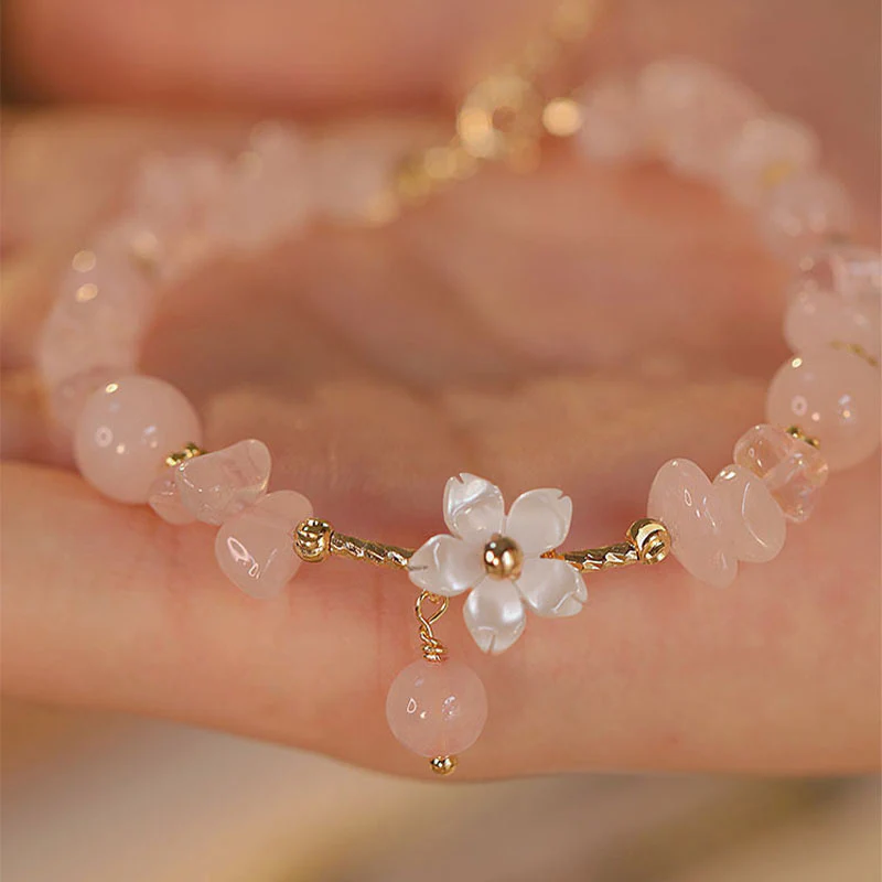 Bracciale Buddha Stones placcato oro 14k con fiore di cristallo rosa naturale - Image 3