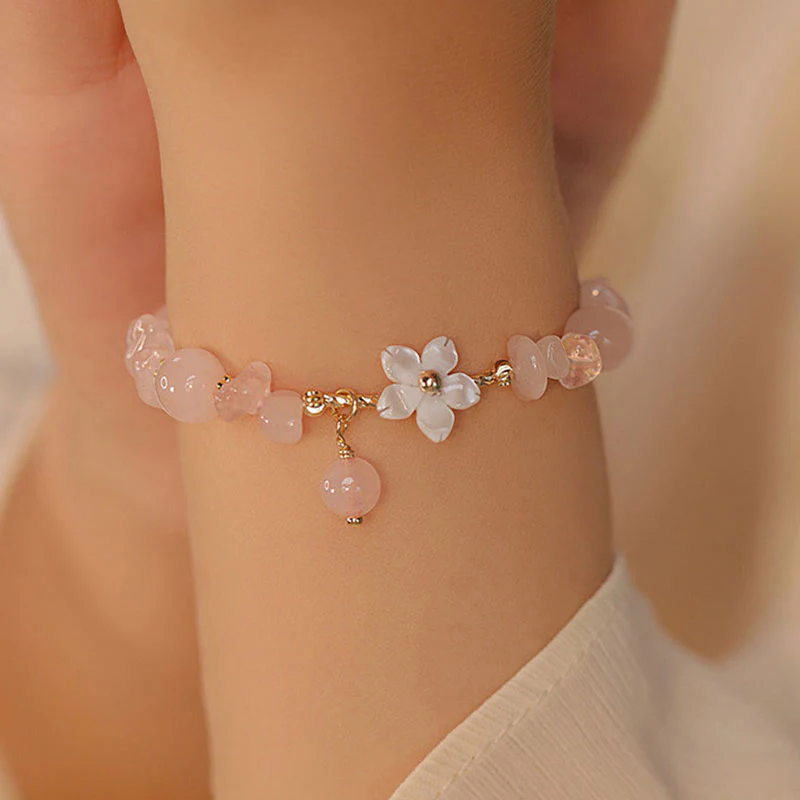 Bracciale Buddha Stones placcato oro 14k con fiore di cristallo rosa naturale - Image 5