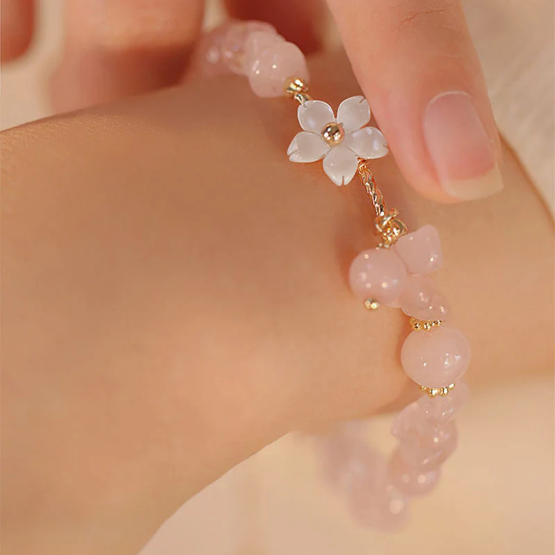 Bracciale Buddha Stones placcato oro 14k con fiore di cristallo rosa naturale - Image 7