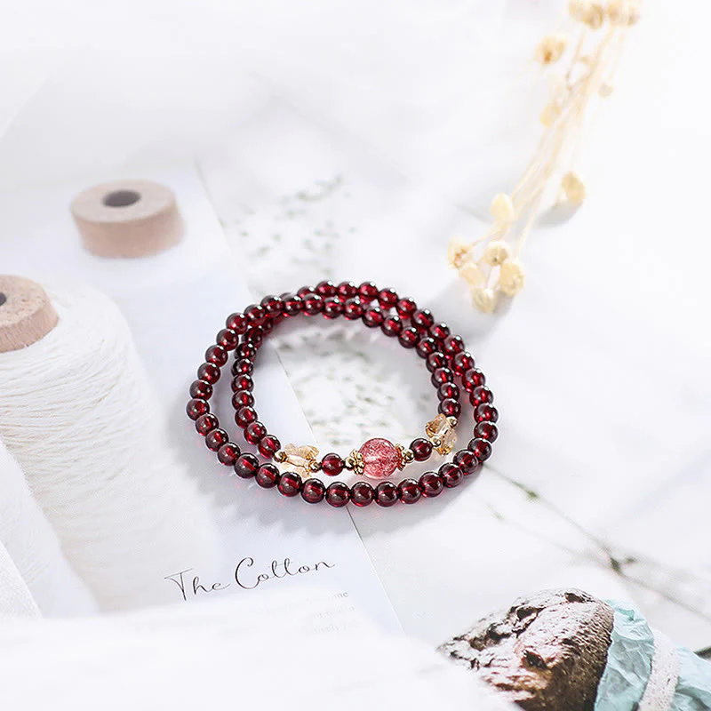 Bracciale Buddha Stones placcato oro 14K con protezione a farfalla in quarzo fragola granato naturale a doppio giro - Image 10