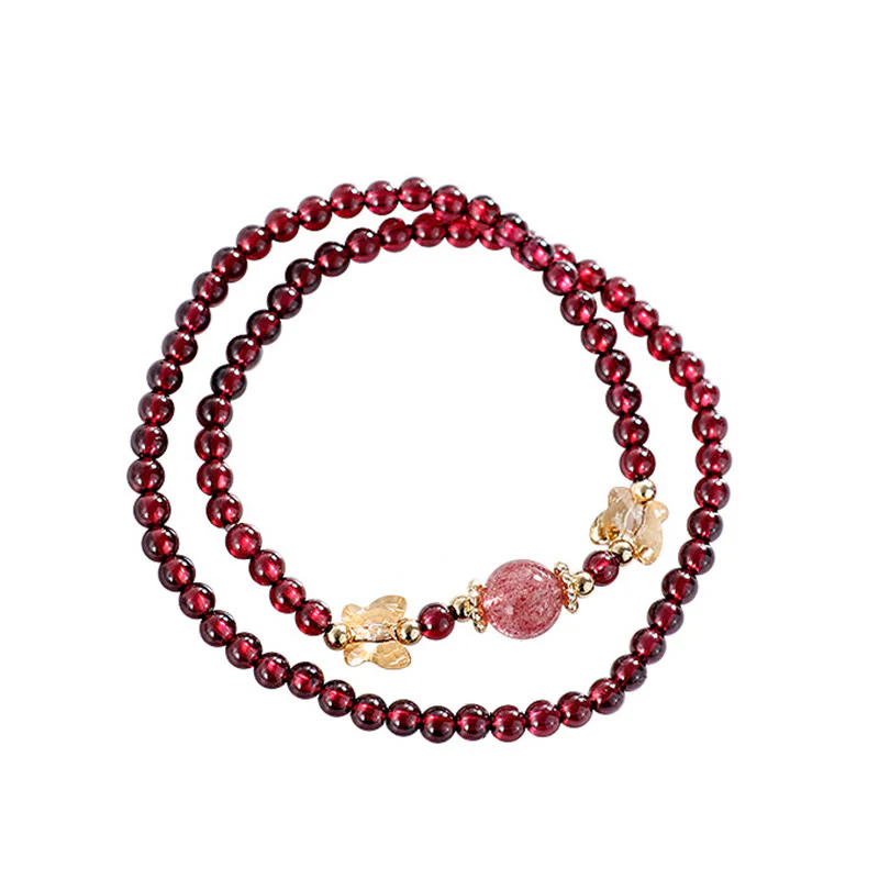 Bracciale Buddha Stones placcato oro 14K con protezione a farfalla in quarzo fragola granato naturale a doppio giro - Image 11