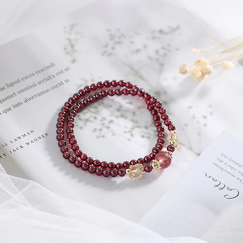 Bracciale Buddha Stones placcato oro 14K con protezione a farfalla in quarzo fragola granato naturale a doppio giro - Image 6