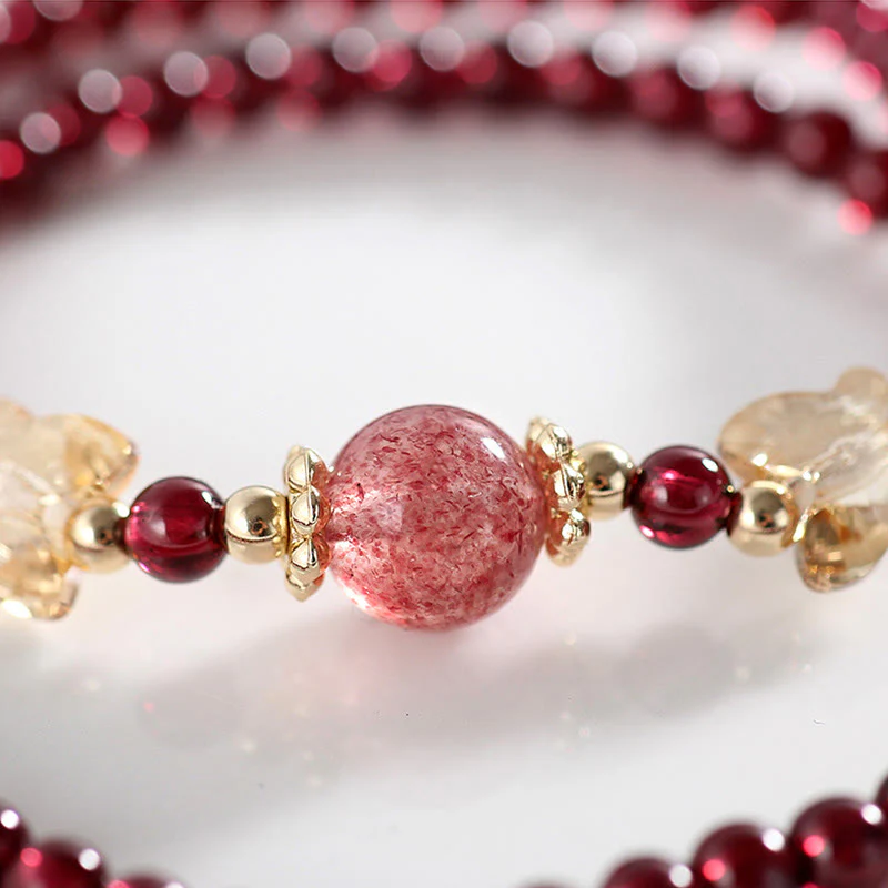 Bracciale Buddha Stones placcato oro 14K con protezione a farfalla in quarzo fragola granato naturale a doppio giro - Image 7