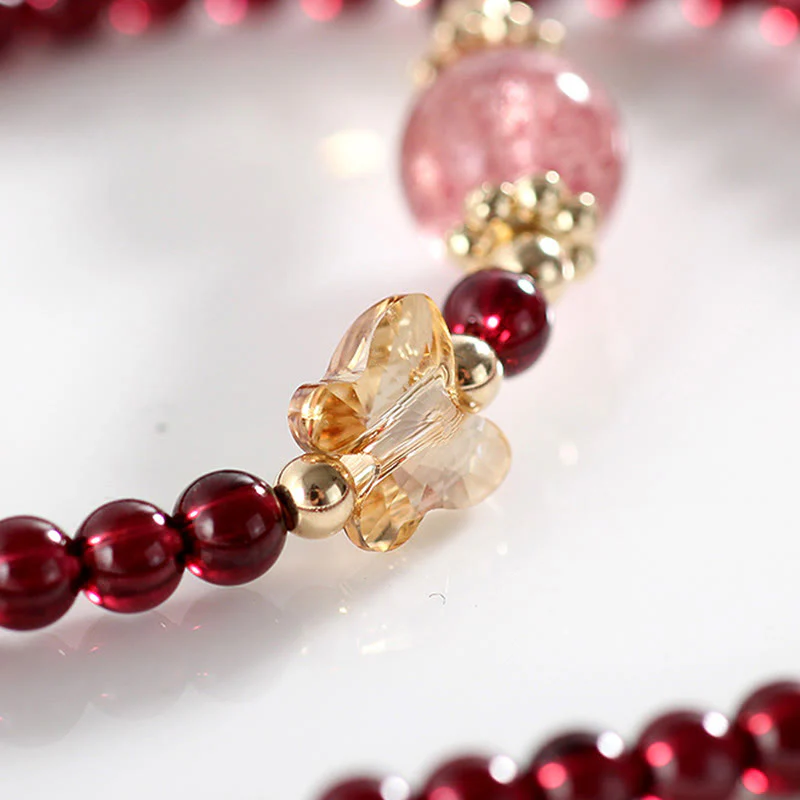 Bracciale Buddha Stones placcato oro 14K con protezione a farfalla in quarzo fragola granato naturale a doppio giro - Image 8