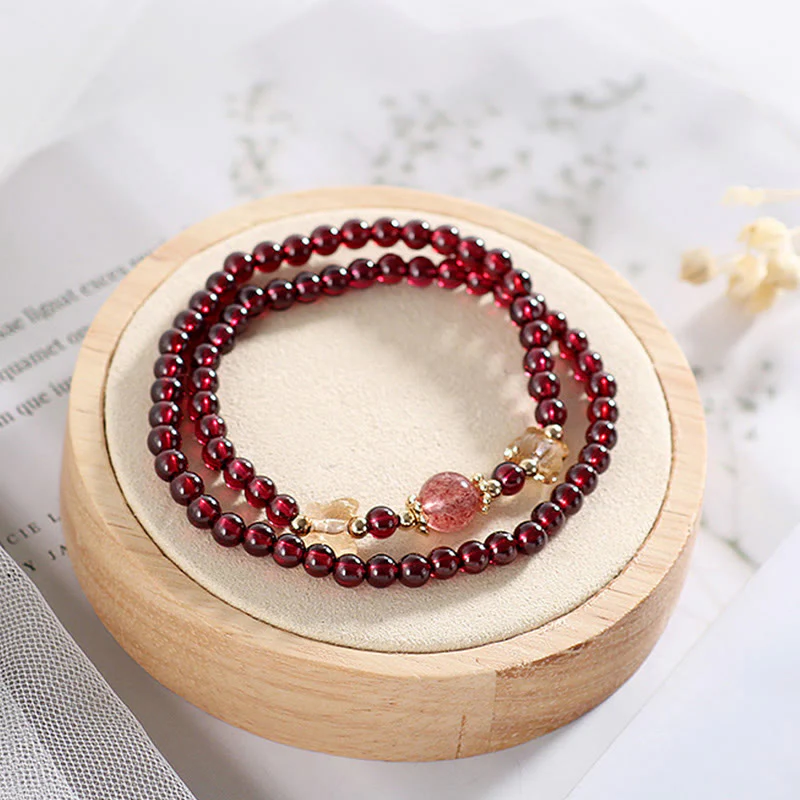 Bracciale Buddha Stones placcato oro 14K con protezione a farfalla in quarzo fragola granato naturale a doppio giro - Image 9