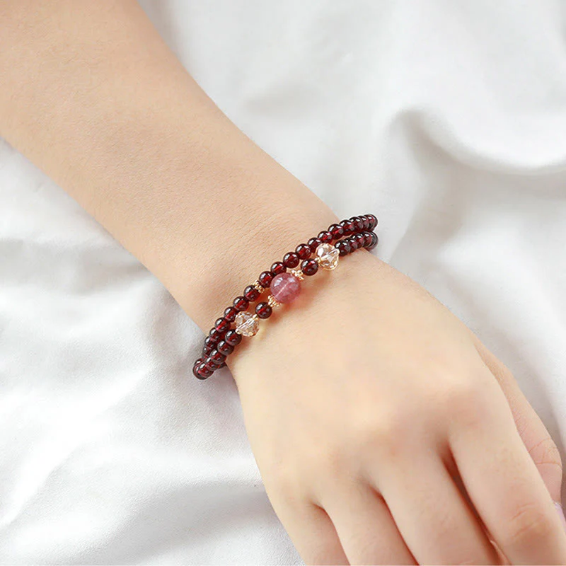Bracciale Buddha Stones placcato oro 14K con quarzo fragola naturale e granato, stabilità a doppio giro - Image 12