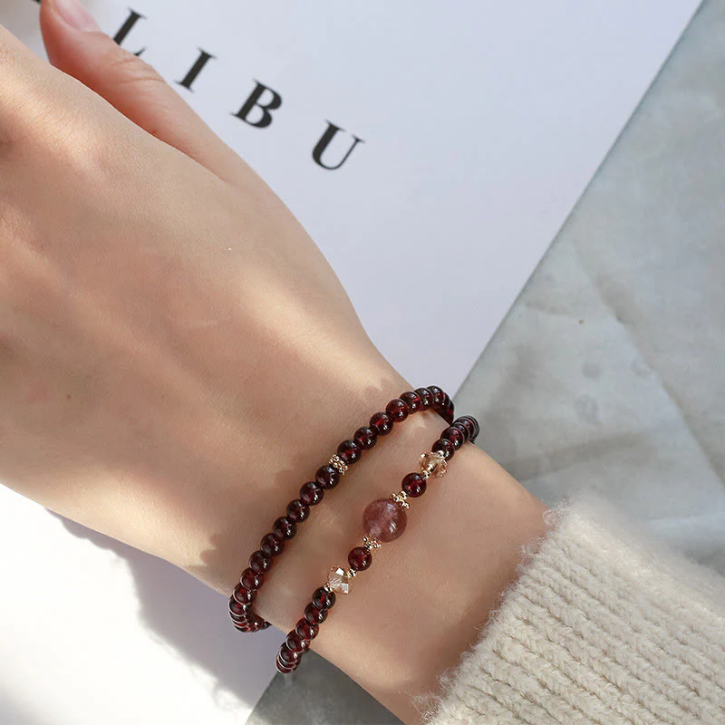 Bracciale Buddha Stones placcato oro 14K con quarzo fragola naturale e granato, stabilità a doppio giro - Image 13