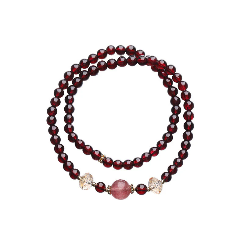 Bracciale Buddha Stones placcato oro 14K con quarzo fragola naturale e granato, stabilità a doppio giro - Image 15