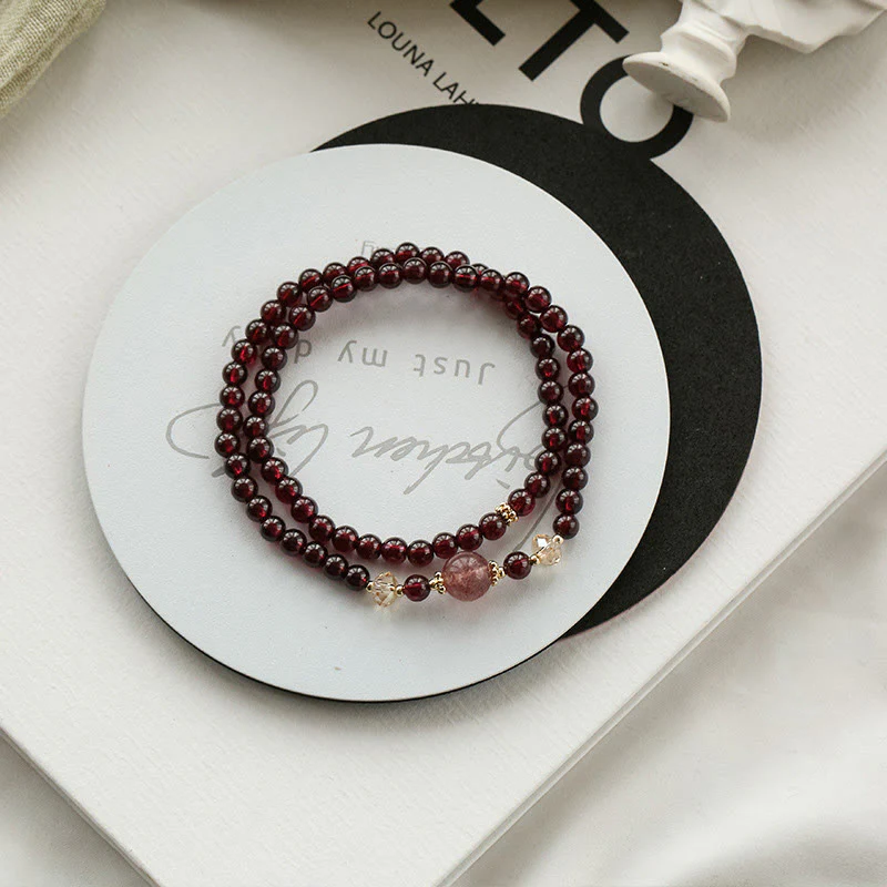 Bracciale Buddha Stones placcato oro 14K con quarzo fragola naturale e granato, stabilità a doppio giro - Image 5