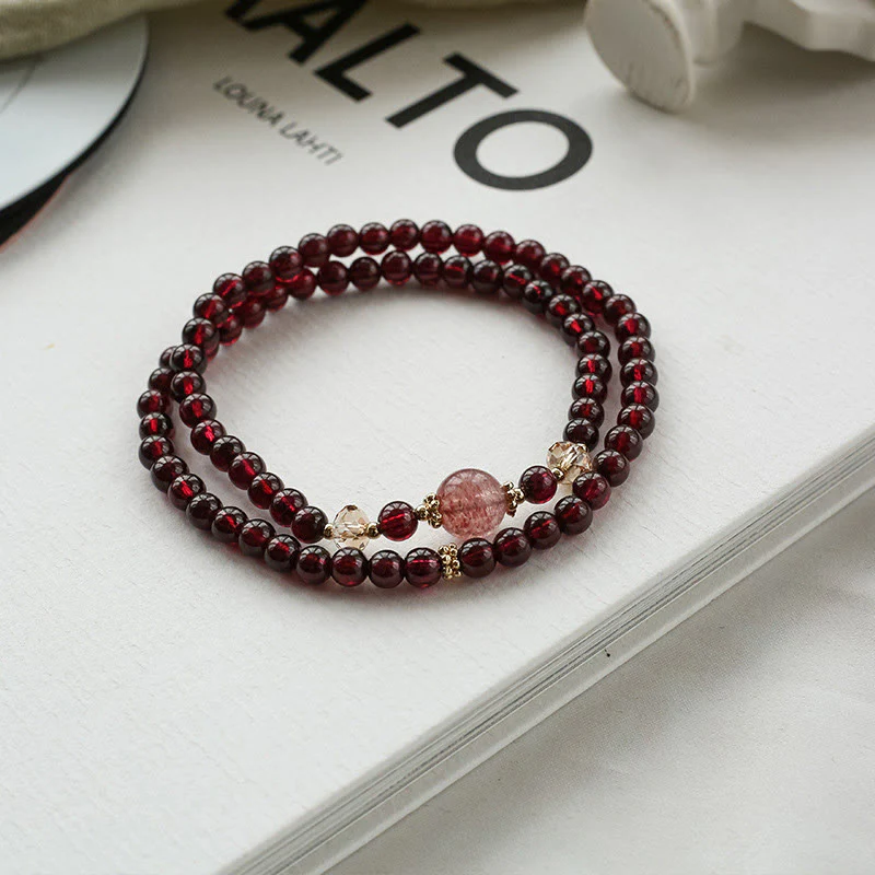 Bracciale Buddha Stones placcato oro 14K con quarzo fragola naturale e granato, stabilità a doppio giro - Image 6