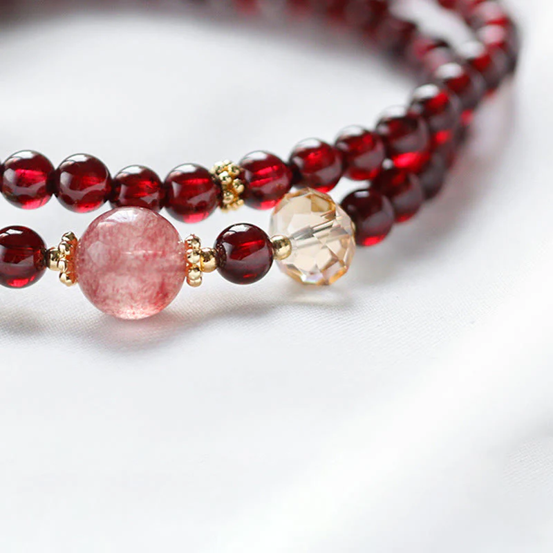 Bracciale Buddha Stones placcato oro 14K con quarzo fragola naturale e granato, stabilità a doppio giro - Image 8