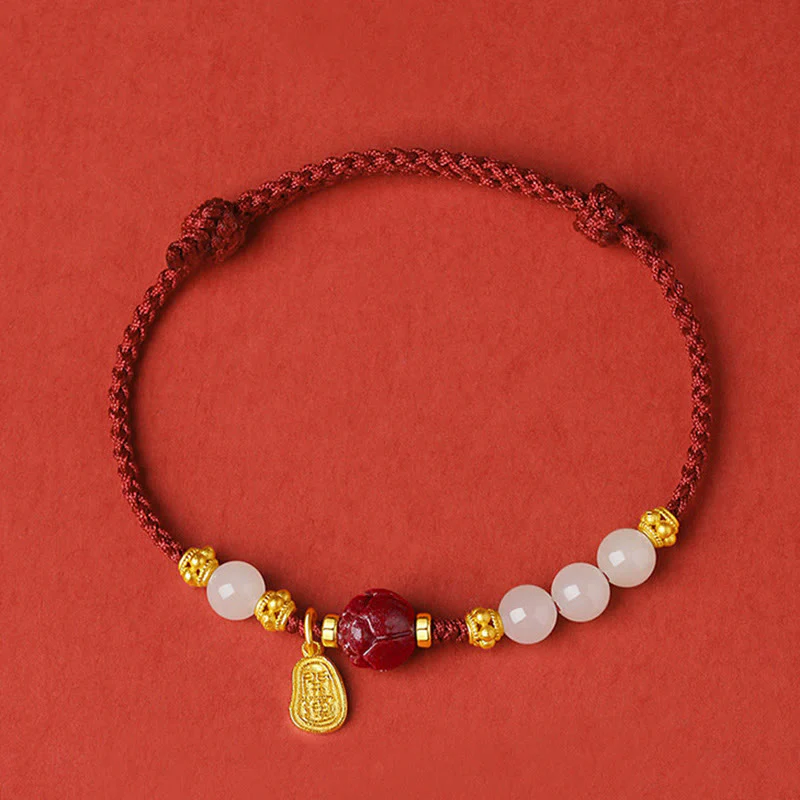 Bracciale Buddha Stones placcato oro 24K Hetian White Jade Cinnabar Lotus Luck Rope - Image 2