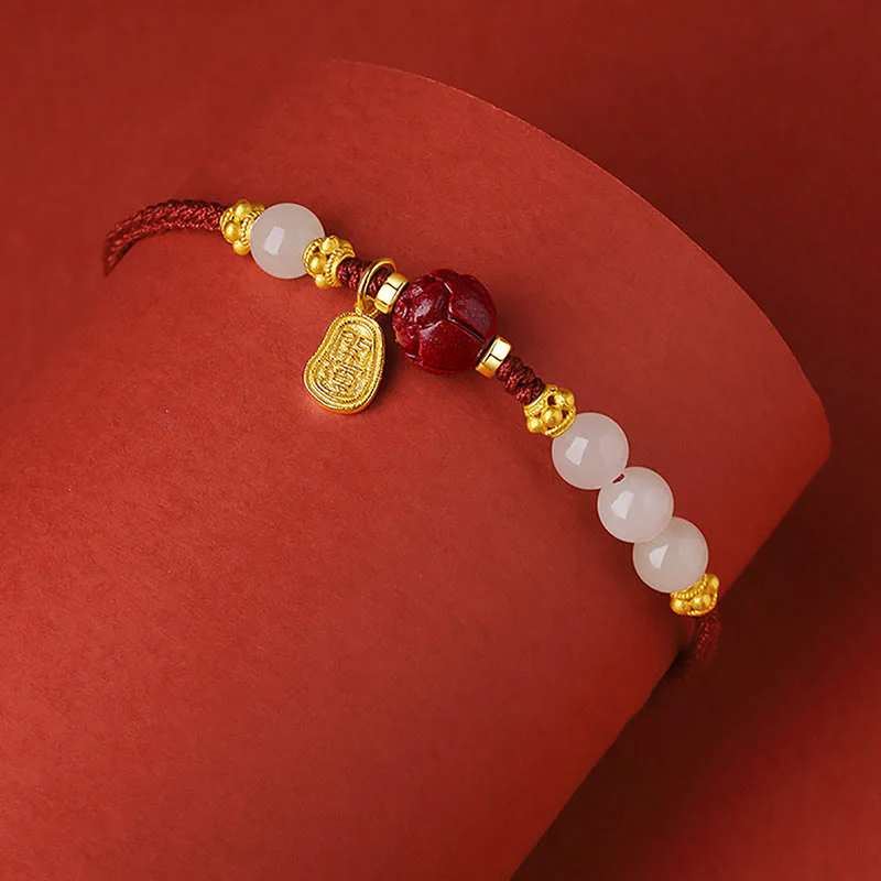 Bracciale Buddha Stones placcato oro 24K Hetian White Jade Cinnabar Lotus Luck Rope - Image 3