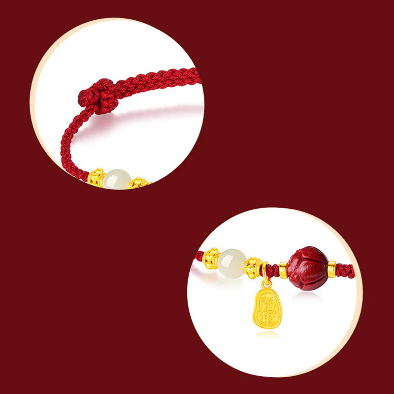 Bracciale Buddha Stones placcato oro 24K Hetian White Jade Cinnabar Lotus Luck Rope - Image 4