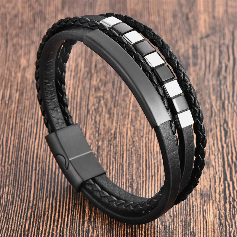 Bracciale Buddha Stones Square Titanium Steel Leather Multilayer Fibbia Calma