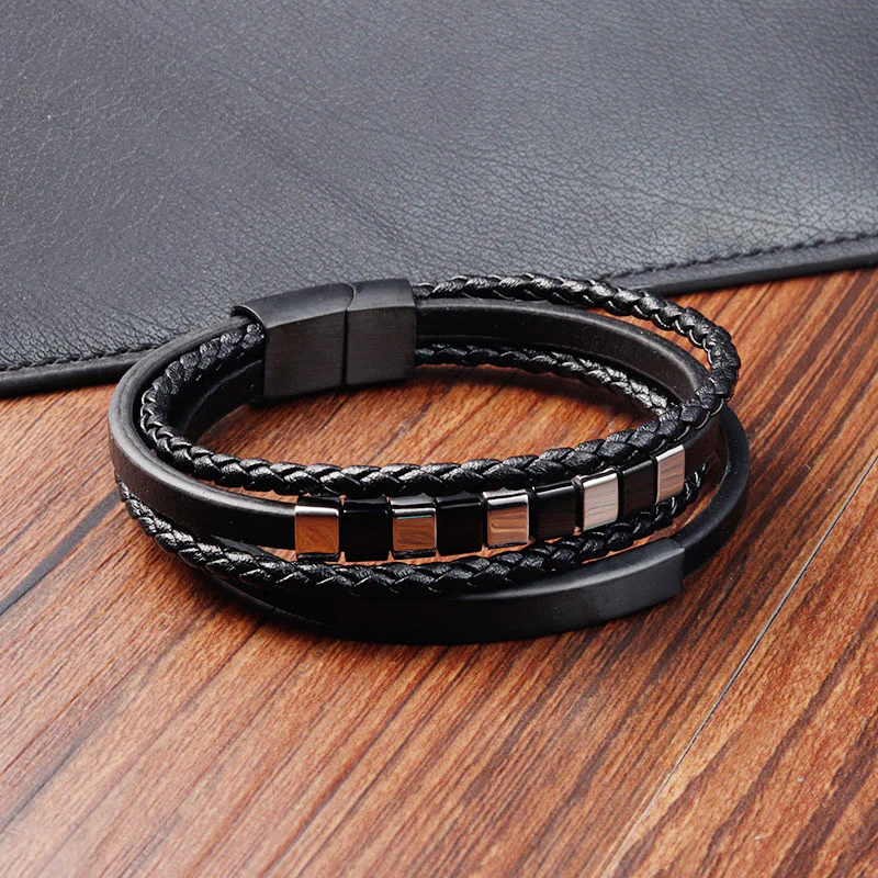 Bracciale Buddha Stones Square Titanium Steel Leather Multilayer Fibbia Calma - Image 2