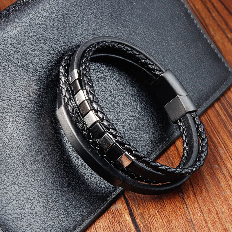 Bracciale Buddha Stones Square Titanium Steel Leather Multilayer Fibbia Calma - Image 3