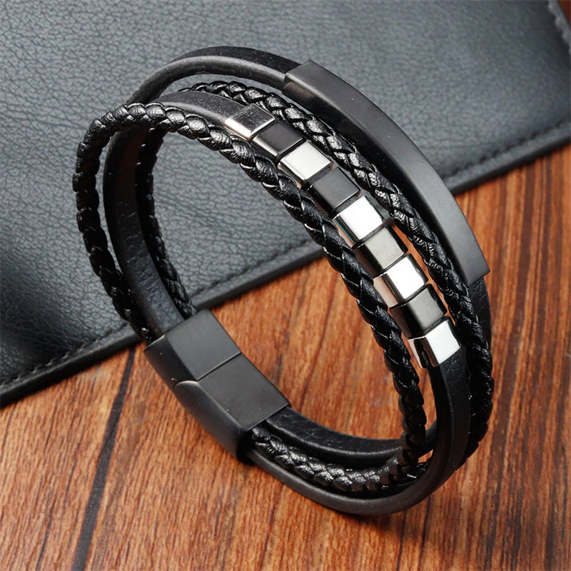 Bracciale Buddha Stones Square Titanium Steel Leather Multilayer Fibbia Calma - Image 5