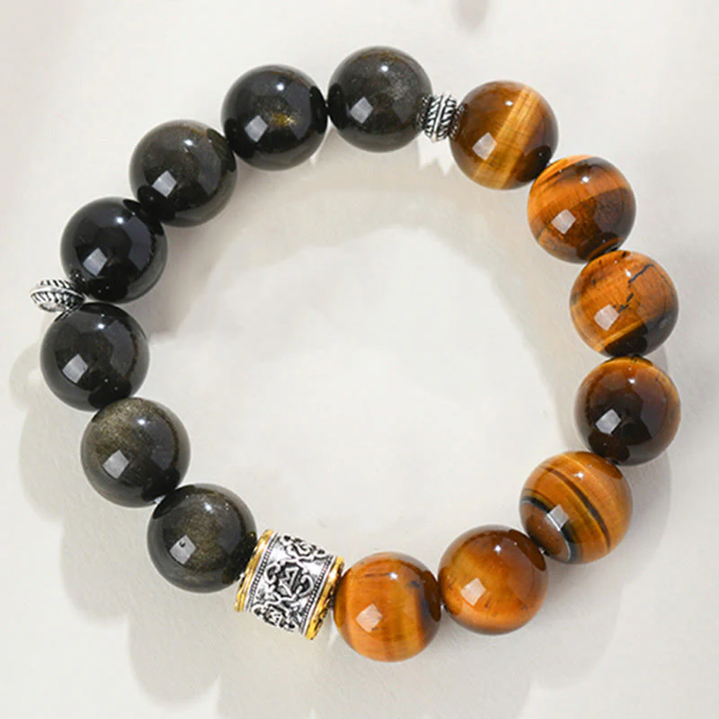 Bracciale Buddha Stones Tiger Eye Oro Lucente Ossidiana Om Mani Padme Hum
